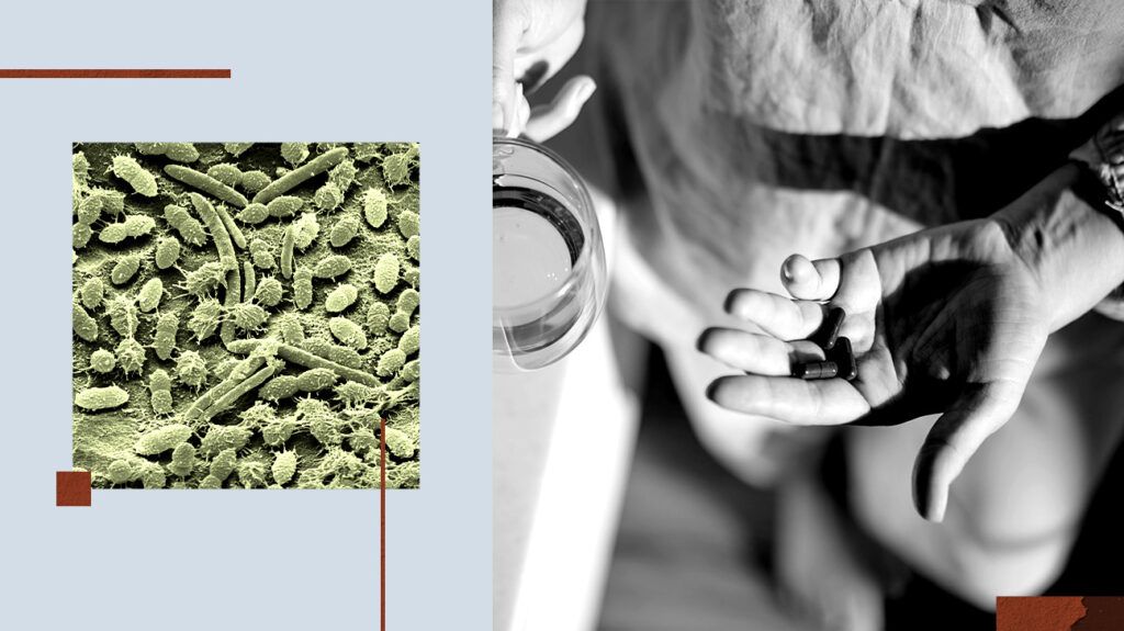 collage of bacteria close-up image and black and white photo of person's hand holding pills