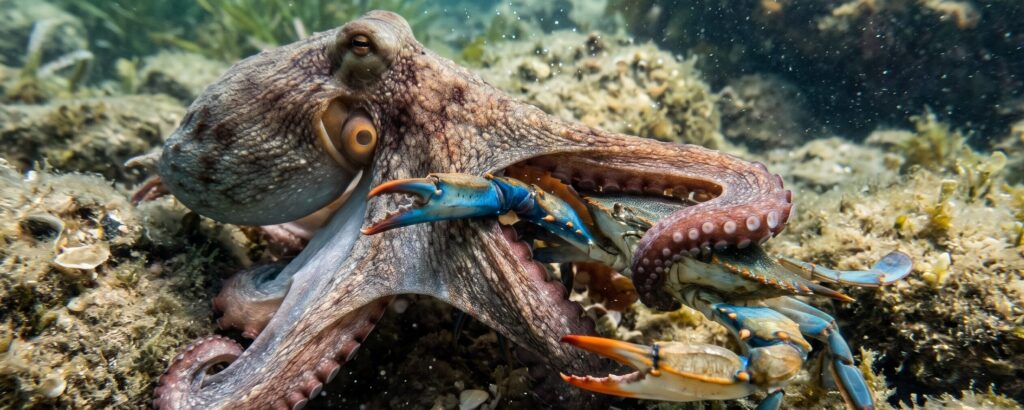 Granchio blu, scatta l’attacco a tenaglia: polpi e cefali arruolati in mare per fermare l’invasione
